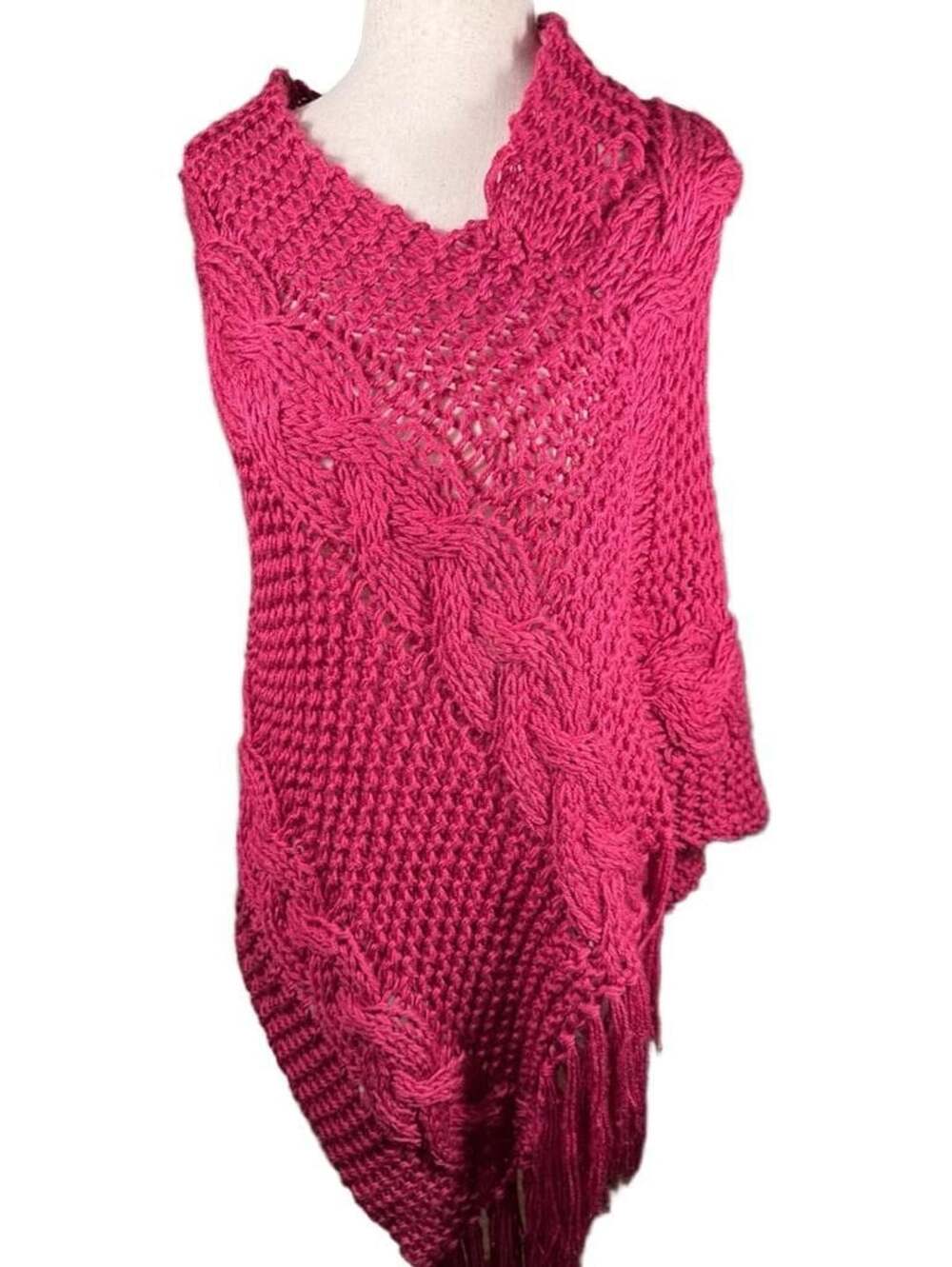 Tracia Magenta Open Weave Cable Knit Poncho Shawl with Fringe S/M